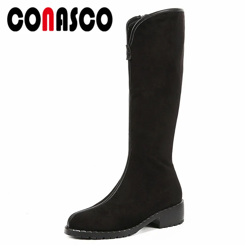 

CONASCO Brand Black Knee High Boots For Women High Heels Warm Long Motorcycle Boots Round Toe High Boots Female New Shoes Woman