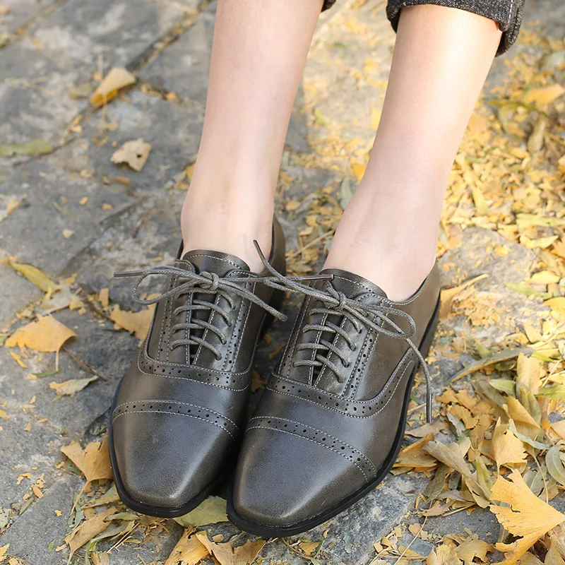 Винтажные женские туфли-оксфорды из высококачественной натуральной кожи на шнуровке; женские тонкие туфли на плоской подошве с квадратным носком; Scarpe