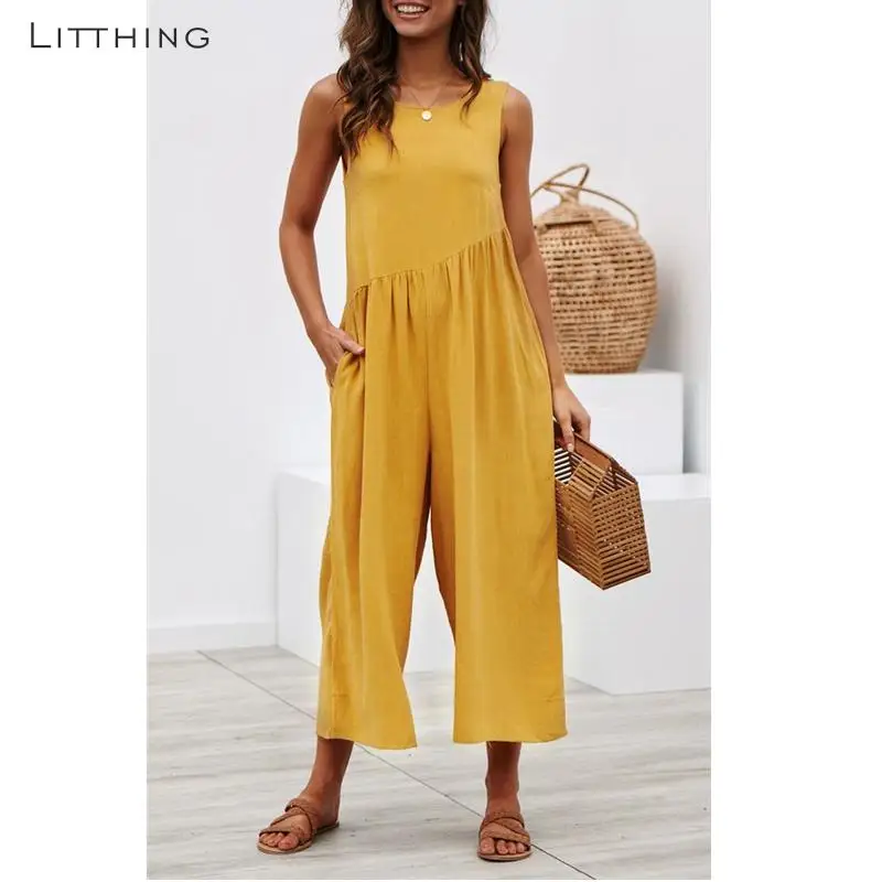 

LITTHING Wide Leg Solid Jumpsuit Sexy Sleeveless Backless Women Jumpsuits Casual Loose Pocket Basic Ladies Jumpsuit Fashion