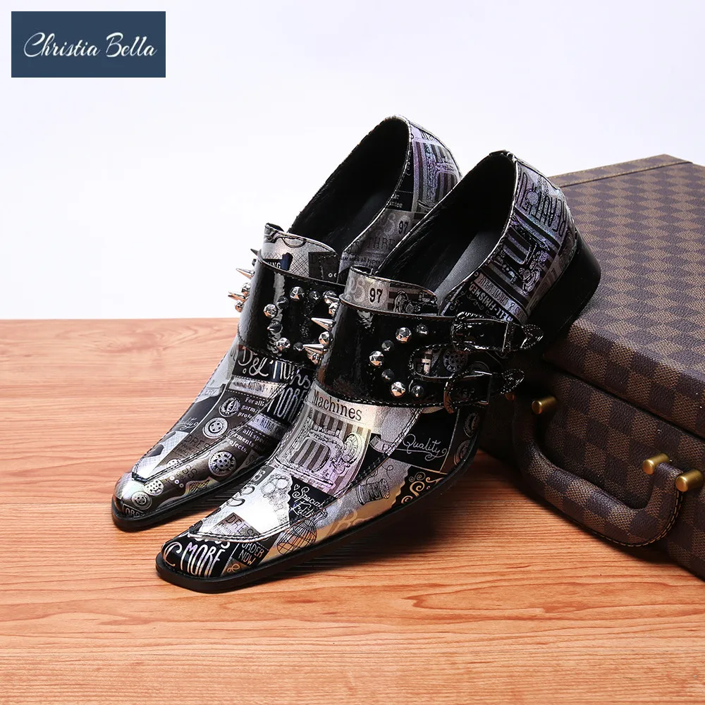 

Christia Bella New Fashion Printing Genuine Leather Men Business Shoes Rivets Plus Size Slip on Square Toe Formal Dress Shoes