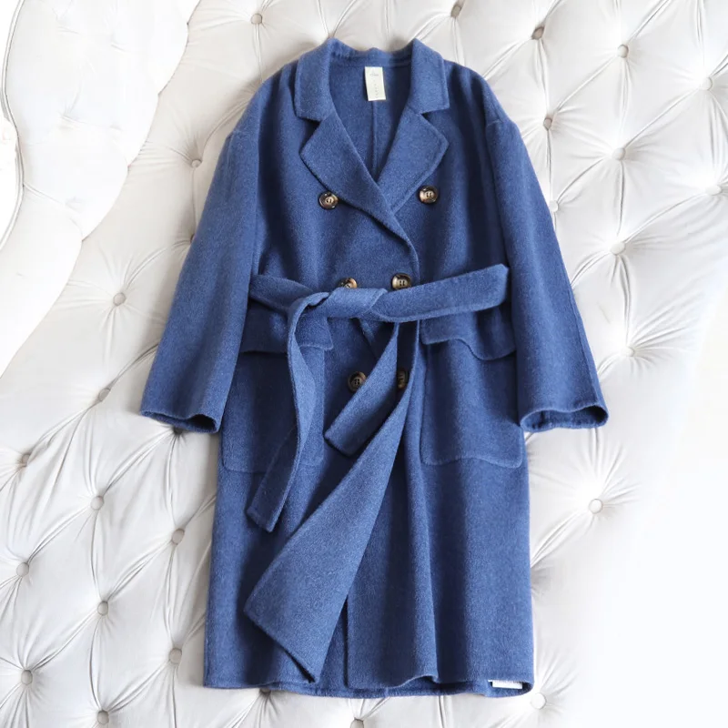 

New Double-sided 100% Wool Overcoat Turn-down Collar Double Breasted Slim Drop-shoulder Office Lady Woolen Overcoat