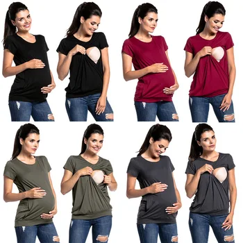 

DHL 100pcs Short Sleeve Summer Maternity Nursing Tops Polyester Breastfeeding Solid Simple Clothes Easy To Feed