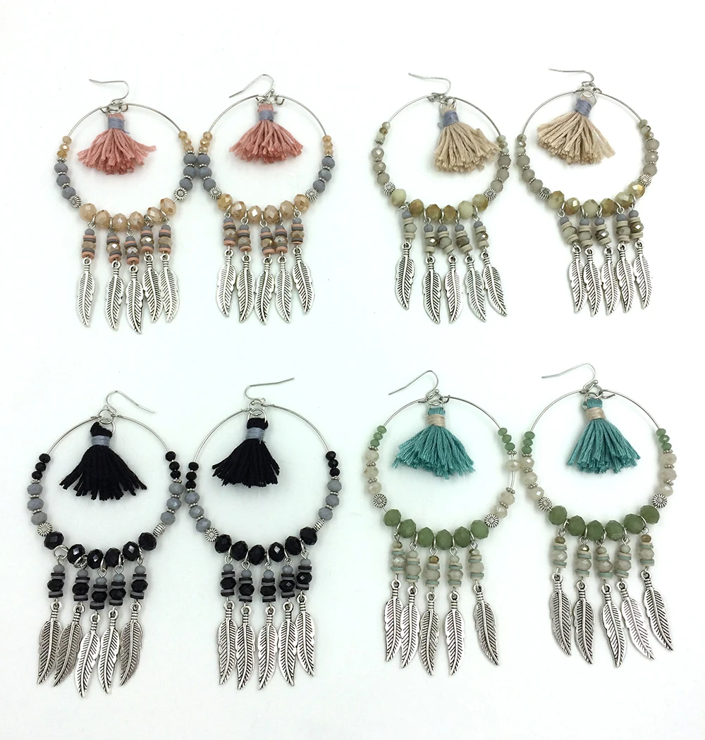 New Bohemian Style Earrings Beads Fringe Dangle Earrings Crystal Beaded Cotton Tassel Earrings Crystal Chandelier Earrings