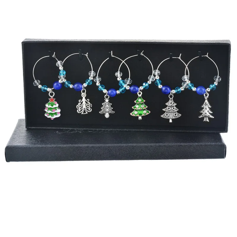

1Set/6PCs Enamel Christmas Tree Wine Glass Blue Crystal Charms For Jewelry Making Fit Christmas Table Decor New Year Gift