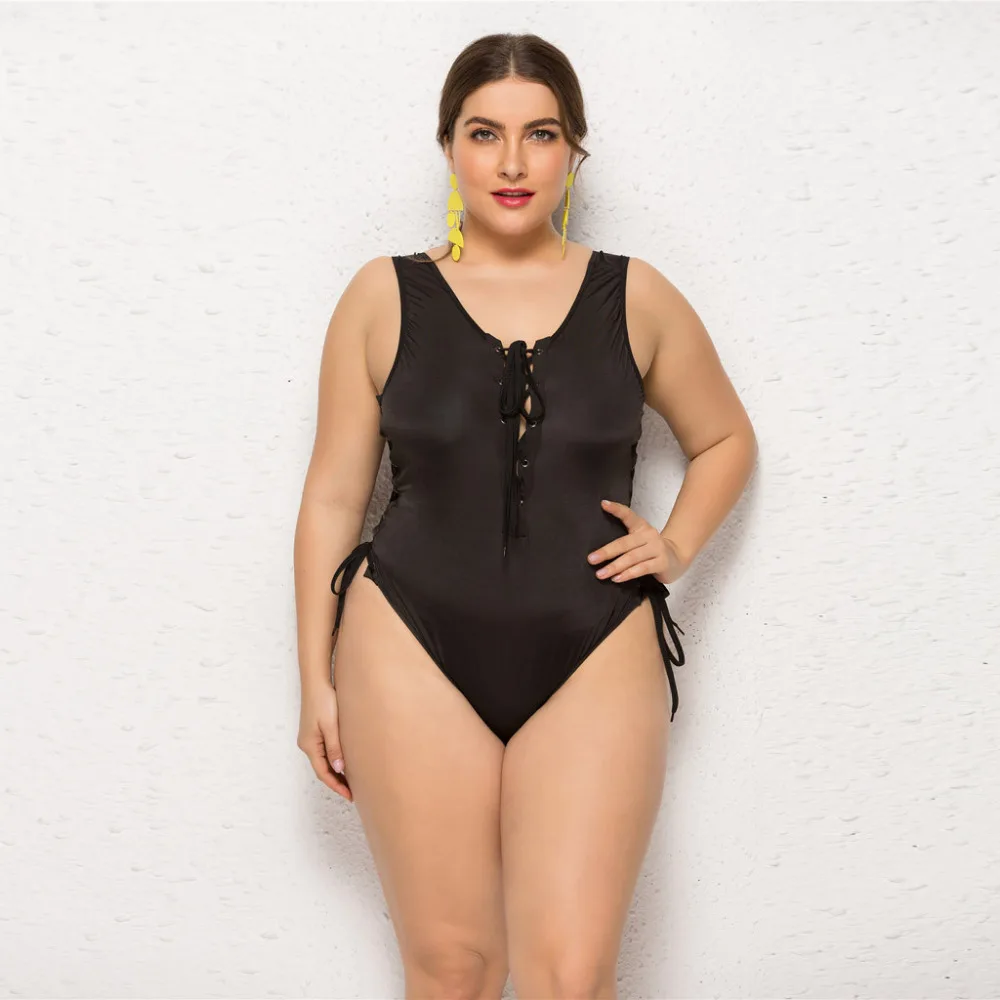 2019 women's plus-size bikinis set summer solid color deep V-neck one-piece hanging neck strap bikini swimsuit push up 40J8 (3)
