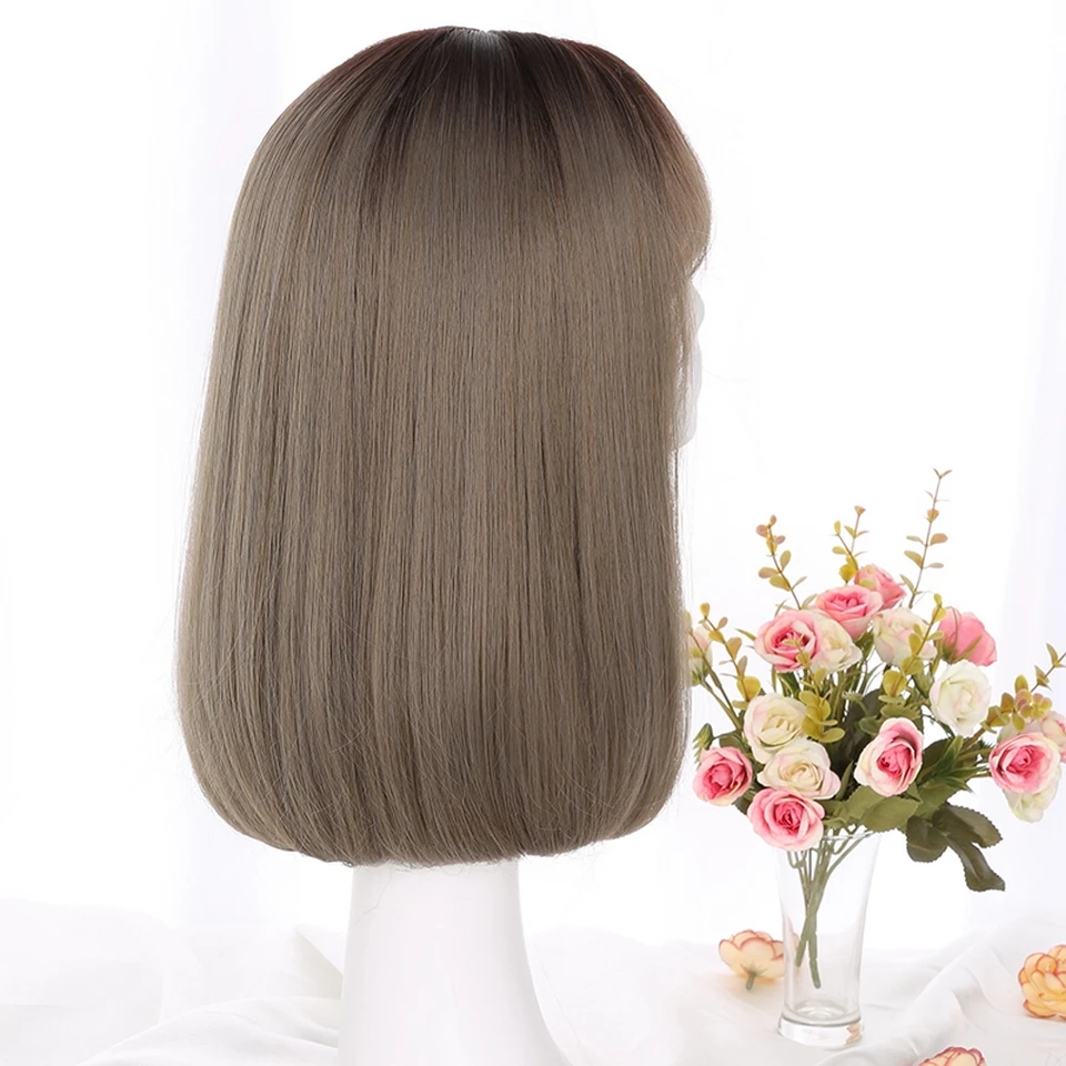 Yiyaobess корейский стиль Синтетический средней длины боб парик с челкой темные корни Омбре волосы Лен серый натуральный прямой женский парик