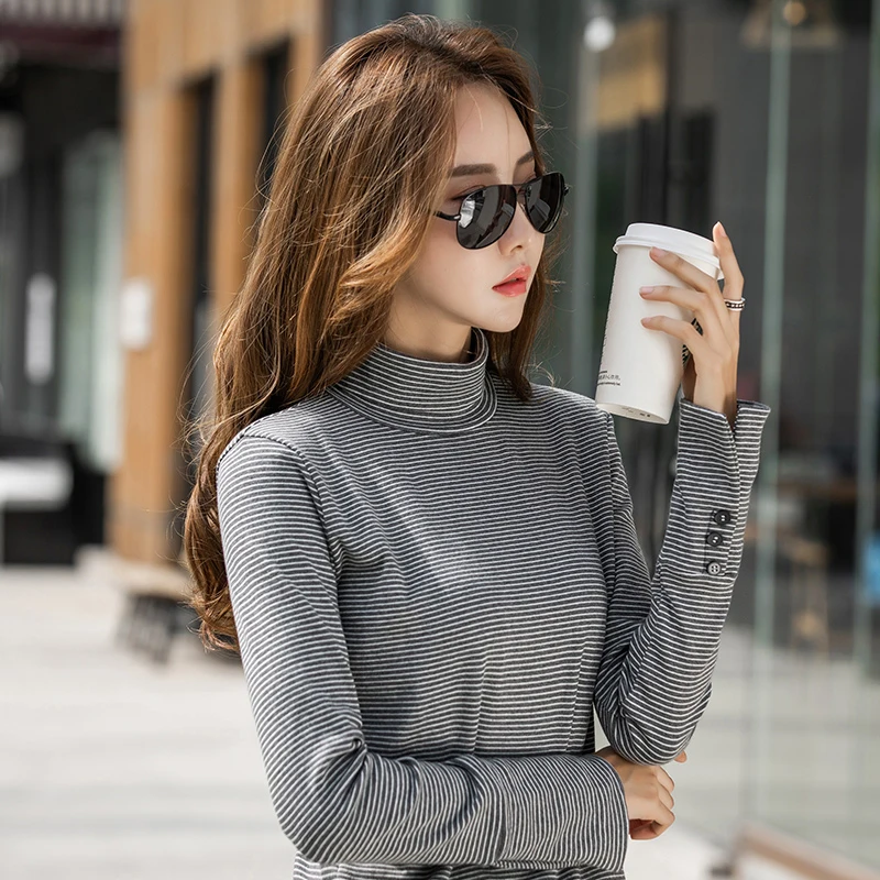 

Autumn T-shirt For Woman 2019 Women's Shirt Cotton Long Sleeve Striped Top Cat Collar Slim Women's Clothing Leisure Big Size