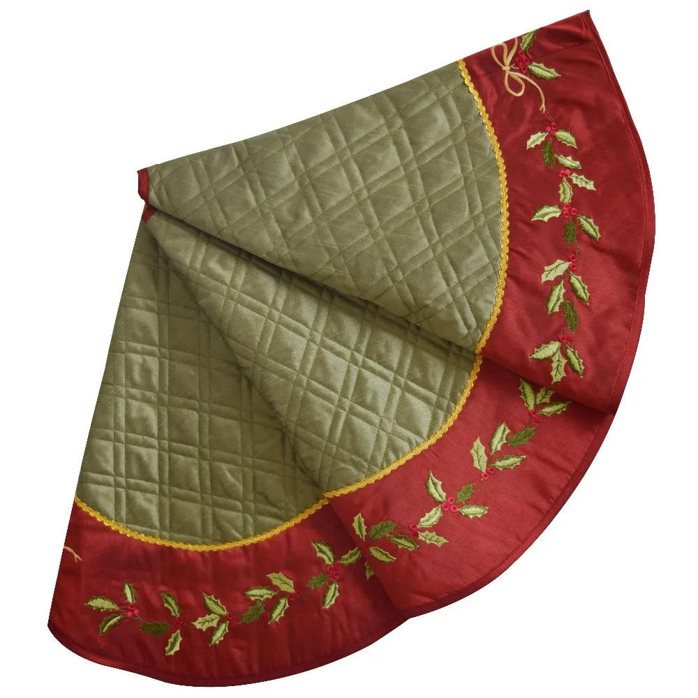 Sorrento 50" Linen Slub Look diamond check quilted Christmas tree skirt Holly Leaves Embroidery Border bowknot decoration skirt