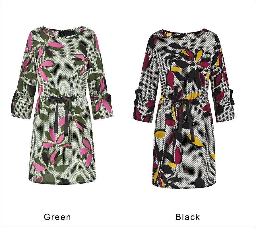 Gladiolus Floral Print Women Autumn Dress 2018 O-Neck 34 Sleeve Belt Tunic Fashion Chiffon Dress Women Casual Mini Dresses 2XL (34)
