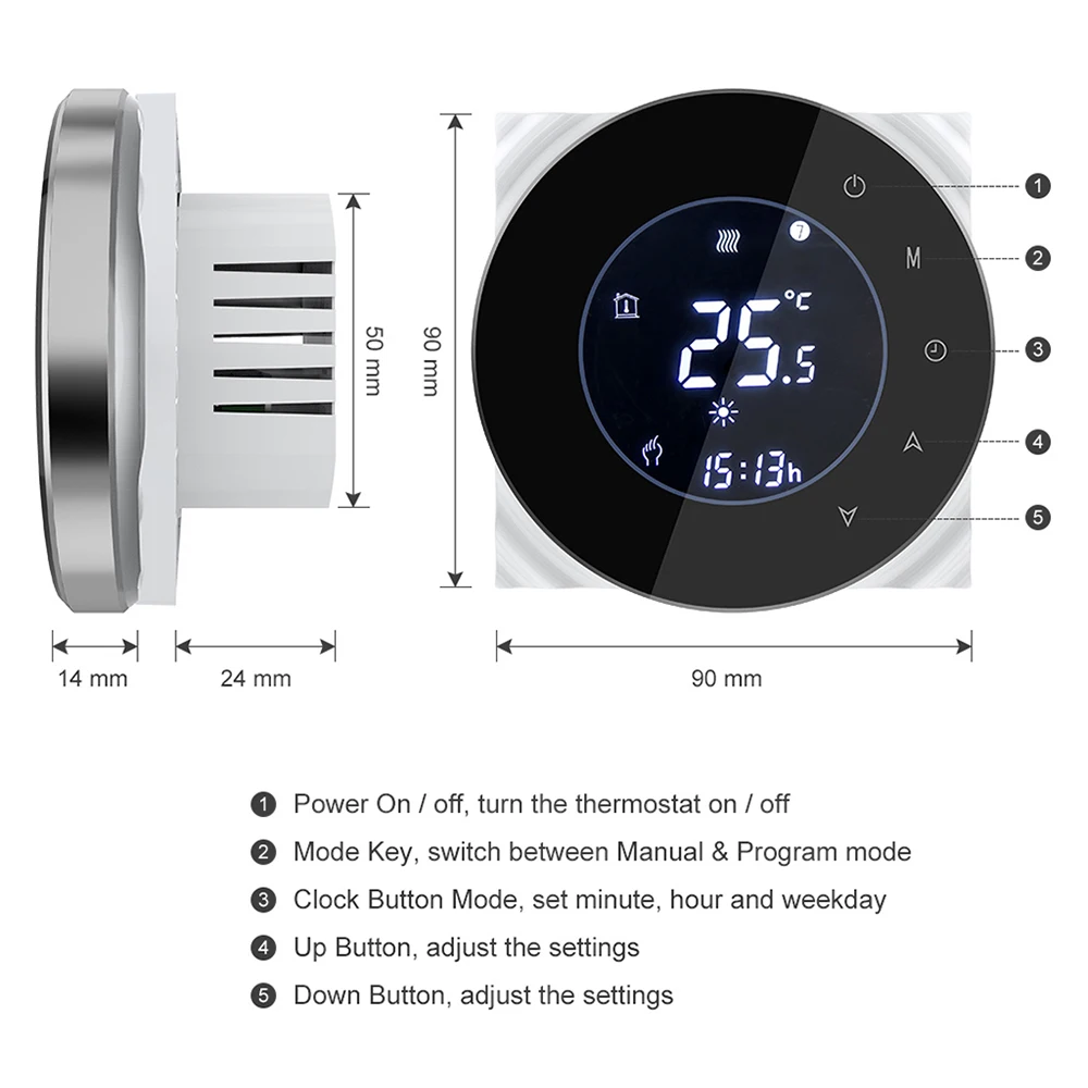 Комнатный термостат, Wifi, газовый котел, Отопление, Смарт, Alexa, программируемый регулятор температуры, 95-240 В, 3 А, зима, черный/белый, зима