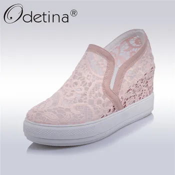 

Odetina 2019 New Fashion Casual Shoes Women Wedges Summer Lace Fretwork Shoes Increase Heels Platform Slip On Shoes Big Size 45