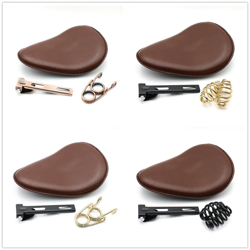 

Motorcycle Retro Leather Old School Solo Saddle Seat Brown+3" Spring Bracket Mounting Base for Cafe Harley Custom Chopper Bobber