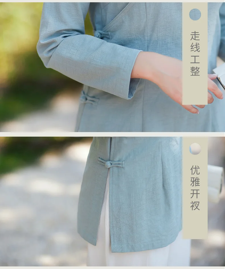 Тонкий длинный рукав футболка Китайская одежда крест воротник пластина пуговицы дзен Чай Обслуживание костюм куртка женская