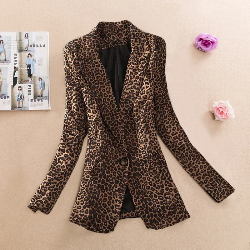 Женский блейзер Новая мода корейский стиль леопардовые куртки для женщин плюс размер элегантный тонкий Длинный блейзер для женщин