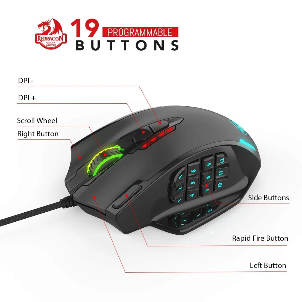 Продажа Redragon M908 12400 точек дюйм ударная игровая мышь 19 программируемых кнопок RGB LED Лазерная Проводная MMO мышь высокоточная мышь PC Gamer