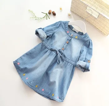 

Hot Sale Fashion Girls Denim Dress Baby Soft Cotton Dresses Girls Long-sleeve Flower-embroidery Dresses Kids Dress-style Blouses