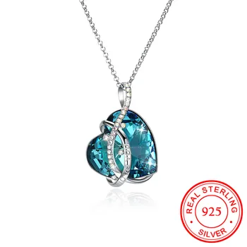 

Big Heart Ocean Blue Crystal Pendant Colorful Zircon Long Chain Necklaces Women S925 Sterling Silver Bridal Love Letter Jewelry