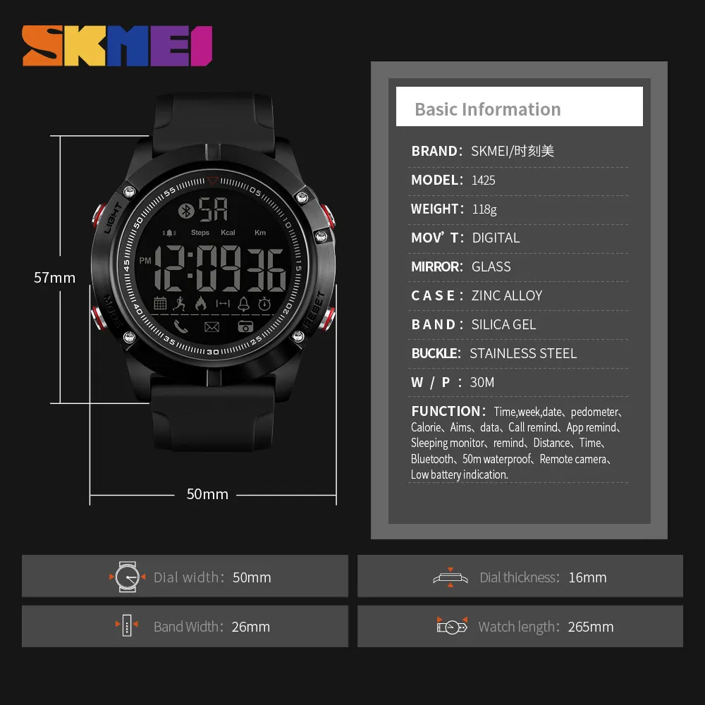 SKMEI 1425 мужские наручные часы с Bluetooth, умные цифровые спортивные часы, расчет калорий, напоминание о звонках, Relogio Masculino