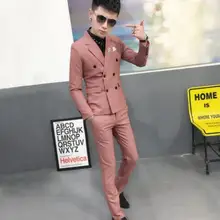 S-xxl весенний мужской повседневный костюм модный стилист волос корейский Тонкий двубортный костюм из двух предметов костюм певицы костюмы