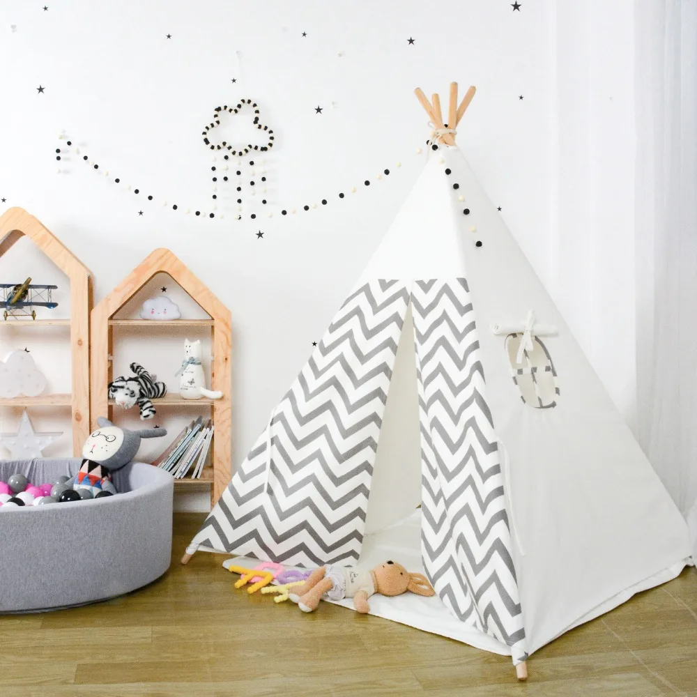 

Kids Teepee Play Tent 100% Cotton Canvas Grey Stripe Children Tipi Playhouse Indoor Outdoor Toy Boys Girls Baby Birthday Gift