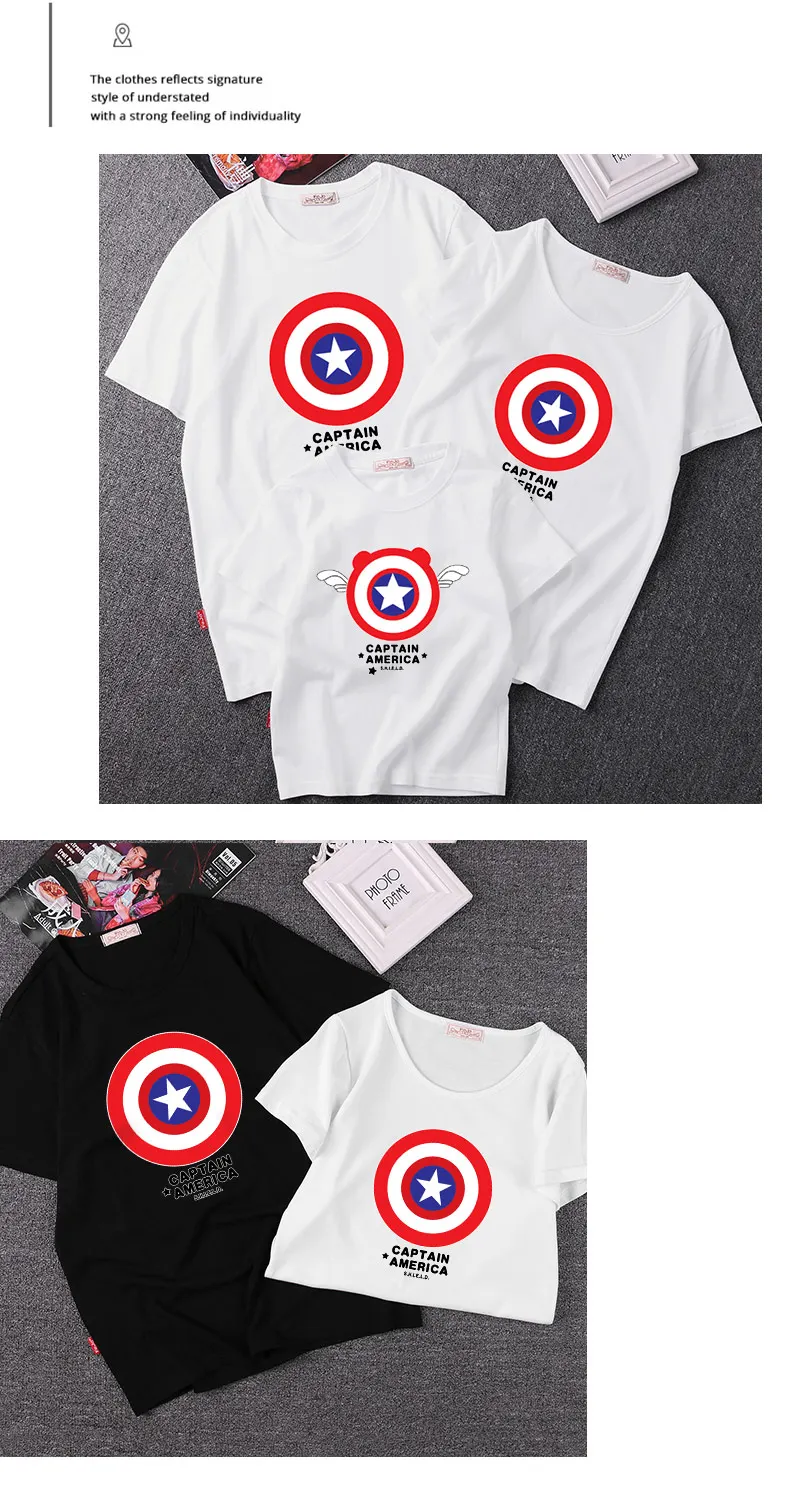 Семейные комплекты; белые футболки; летняя хлопковая одежда «Капитан Америка» для папы и сына; Модная одежда с героями мультфильмов «Мама и я»