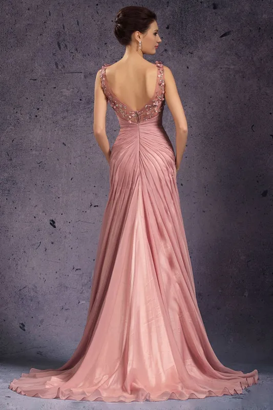 Freeshipping-New-V-cut-Beaded-Handmade-Flowers-Chiffon-Evening-Dress