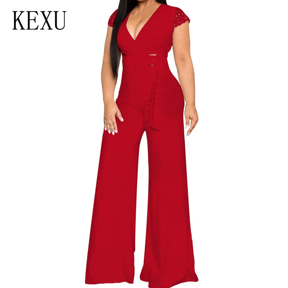 KEXU Romper Jumpsuits with Waist Belt for Women Sexy V-neck Wide Leg Playsuits Summer Casual Office Ladies Fashion Overalls KEXU Romper Jumpsuits with Waist Belt for Women Sexy V-neck Wide Leg Playsuits Summer Casual Office Ladies Fashion Overalls