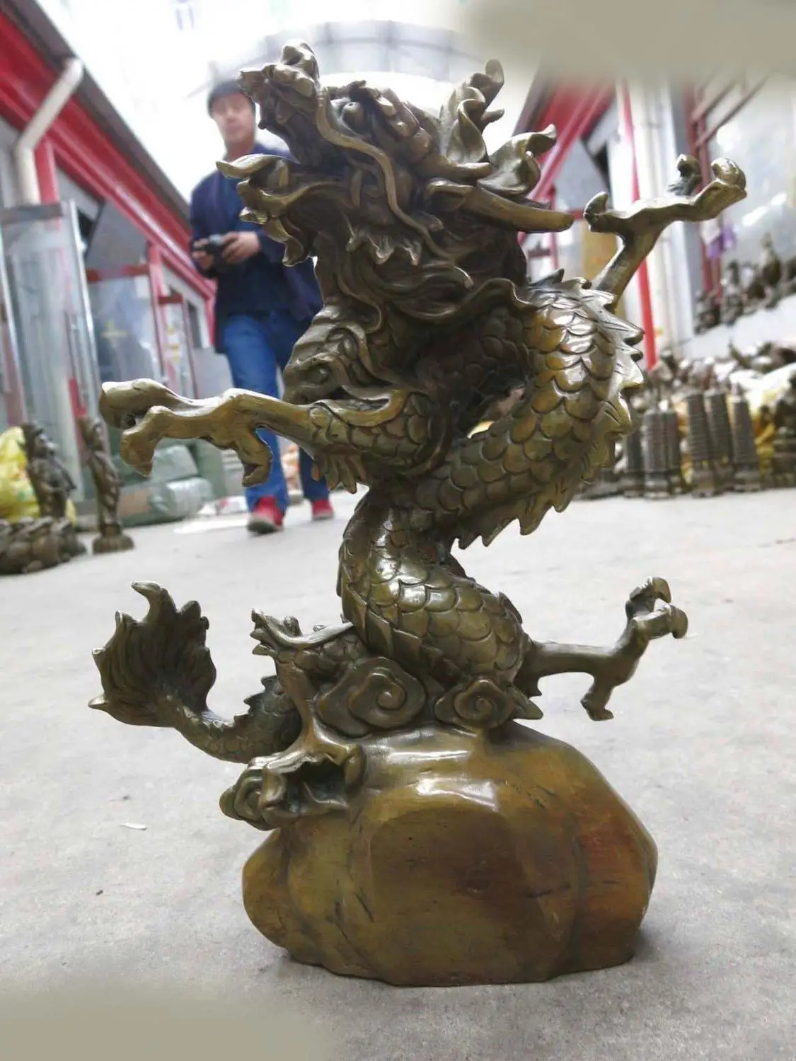 

14" China brass fine workmanship circle around dragon on stone Sculpture Statue (D0426)