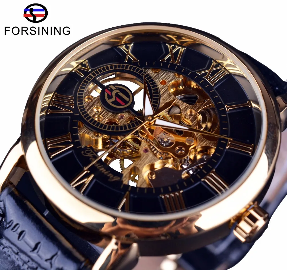 

2019 Fashion Forsining Brand Men Watches Luxury Mechanical Skeleton Watch Black Golden 3D Literal Design Roman Number Dial Clock