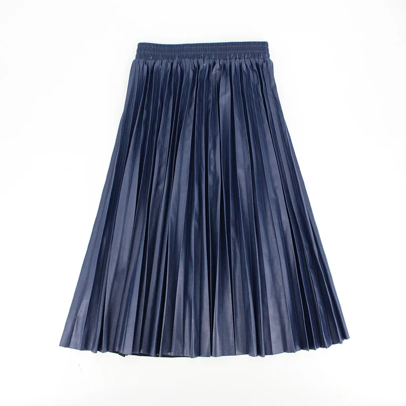 Autumn Winter Women Skirts Pleated Leather Skirt High Waist Elastic Waist a Line Knee Length Women's Skirt Faldas Mujer - Color: leather navy