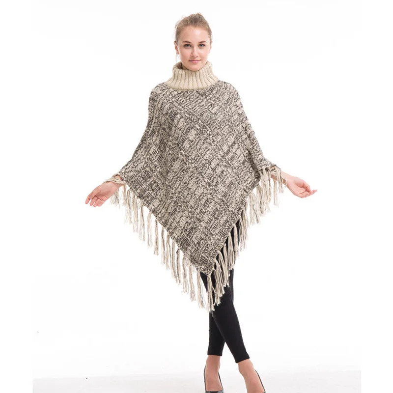 

Women's Thick Knit Turtleneck Sweater Wool Poncho Tassel Wrap Shawl Winter Warm Pashmina Fashion Large Size Pullover Capes Coat