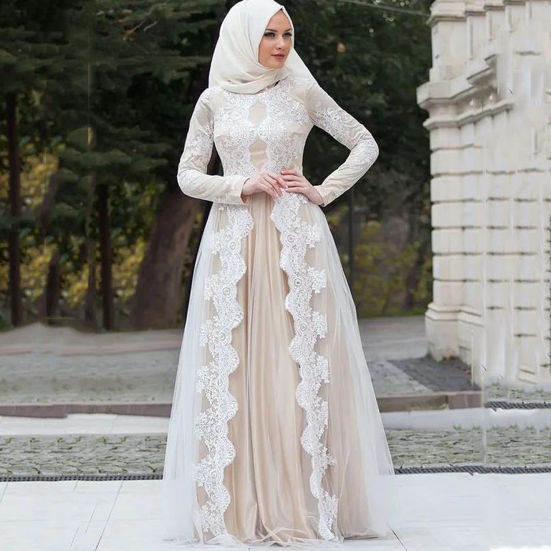 

Muslim Wedding Dresses Full Sleeves Custom Made Bridal Dress vestidos de noiva Casamento Wedding Gown Champagne robe de mariee