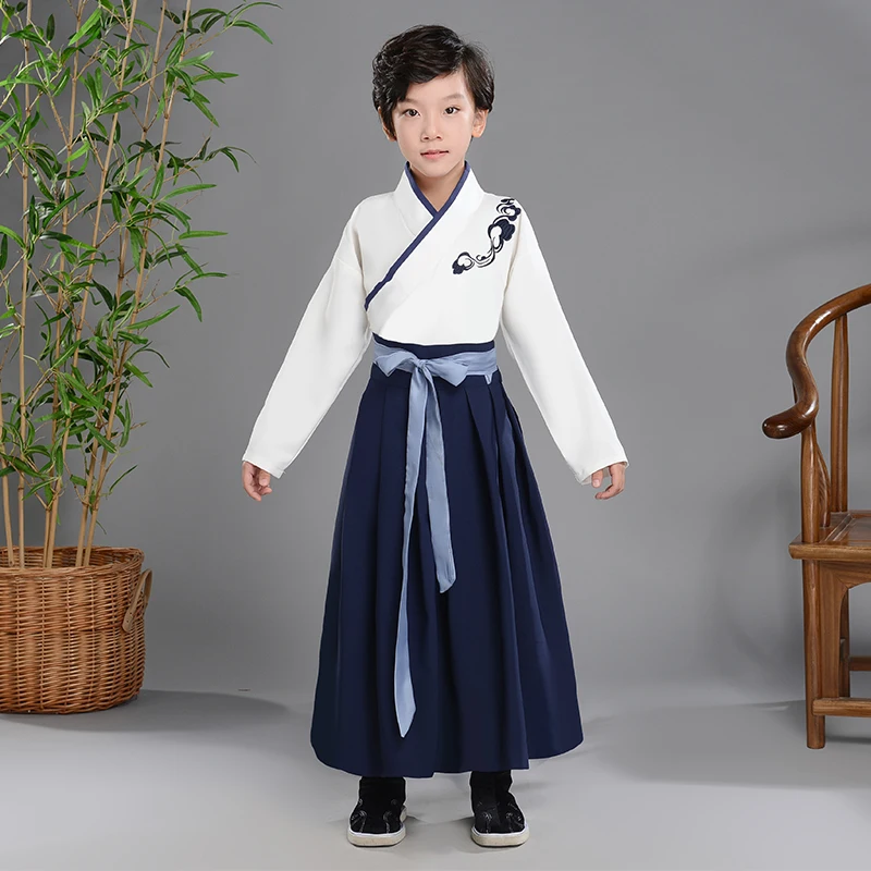 Детское китайское платье Hanfu для девочек и мальчиков белый Hanfu старинные платья традиционный народный танец китайские школьные костюмы BL1180