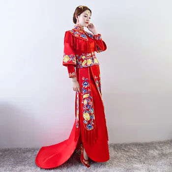 

Red Tassels Vintage Bride Trailing Dress Gowns Female Oriental Qipao Embroidery Floral Chinese Style Wedding Cheongsam Suit