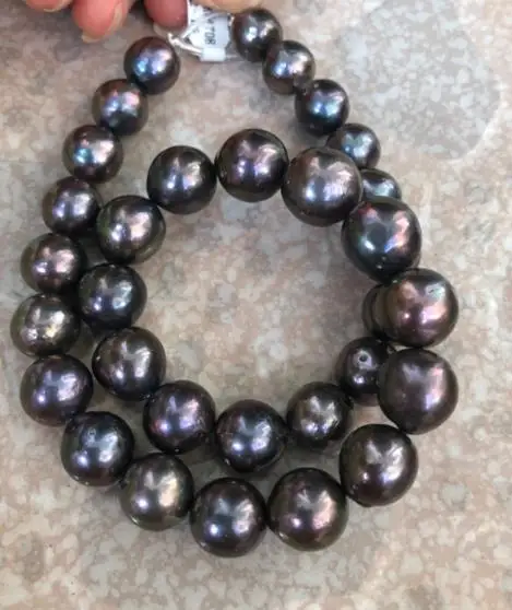 

stunningAAA13-15mm freshwater round black green red pearl necklace 18