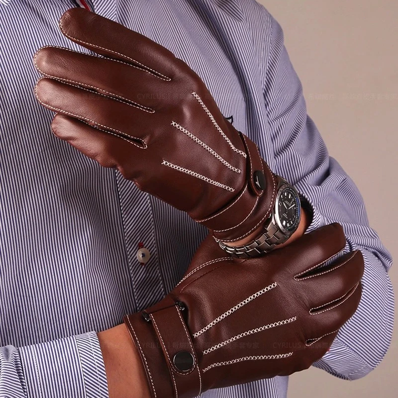メンズレザーグローブシープスキン本革手袋ボタン手首丈夫な男性用革手袋ファッション冬用暖かい手袋