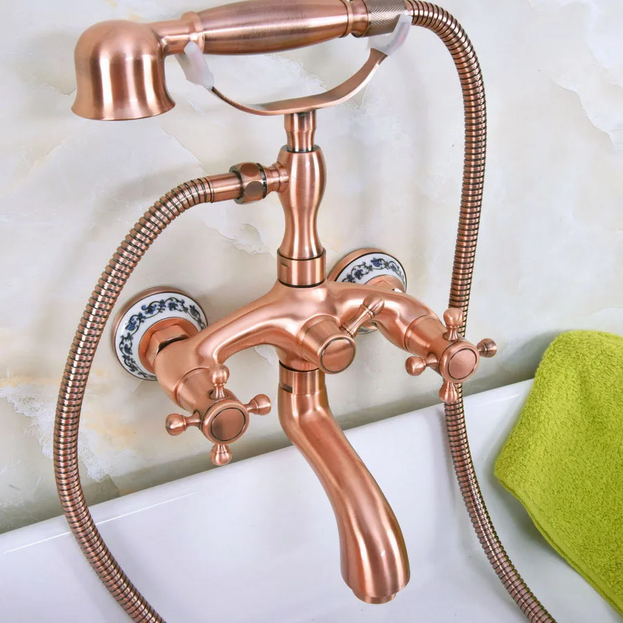 Antique Red Copper Brass Dual Cross Handles Wall Mounted ClawFoot Bath Tub Faucet Mixer Tap With Hand Shower Spray mna324 | Обустройство
