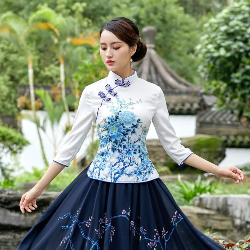 Sheng Coco 4XL Плюс Размер Женская Китайская традиционная одежда элегантные рубашки Древний китайский Чонсам кофточка Ципао Топы Синий