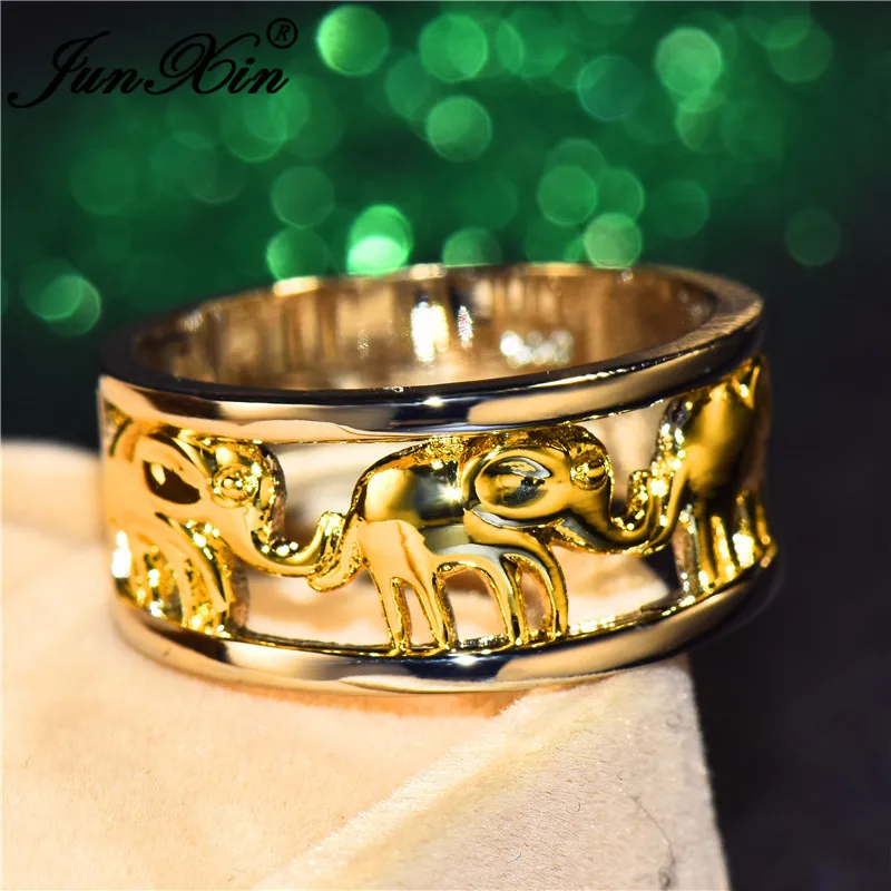 JUNXIN Gold Elephant Rings For Women Men 925 Silver Filled Big Ring Female Male Engagement Bands Couples Ring Boho Jewelry Gifts