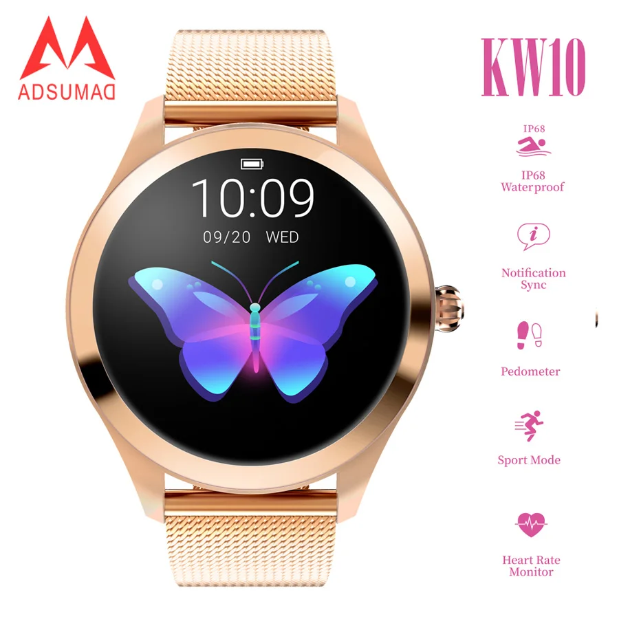 

Fashion Women Smart Watch KW10 IP68 Waterproof Heart Rate Monitoring Bluetooth For Android IOS Fitness Bracelet Smartwatch