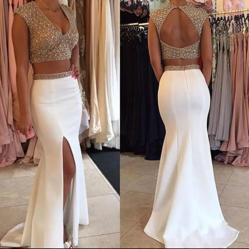 

2019 Sexy Backless Two Pieces Evening Dresses Mermaid Satin Beading Crystal Prom Dress Robe De Soiree Party Dresses Evening Gown