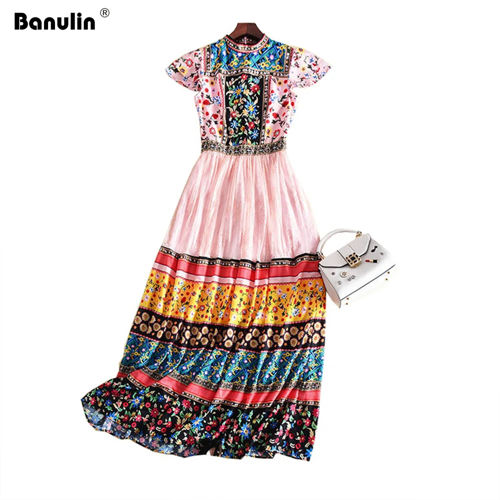 

2019 Summer Luxury Runway Boho Short Sleeve Print Maxi Dress Women Ethnic Designer Lace Patchwork Holiday Beach Party Long Dress