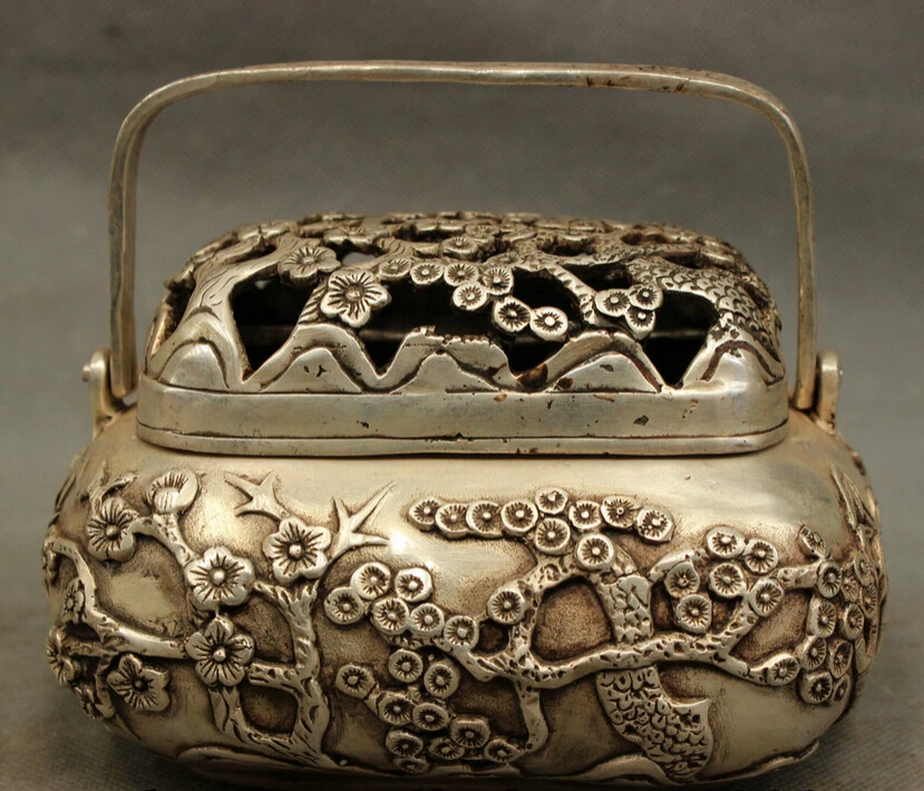 

song voge gem S4403 Folk Chinese Silver Brass Bamboo Pine Tree Statue Handle Incense Burner Censer