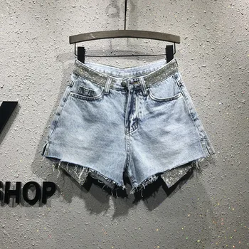 

summer new women shorts shine diamond bling denim jean female sexy hot club high waist wide leg shorts