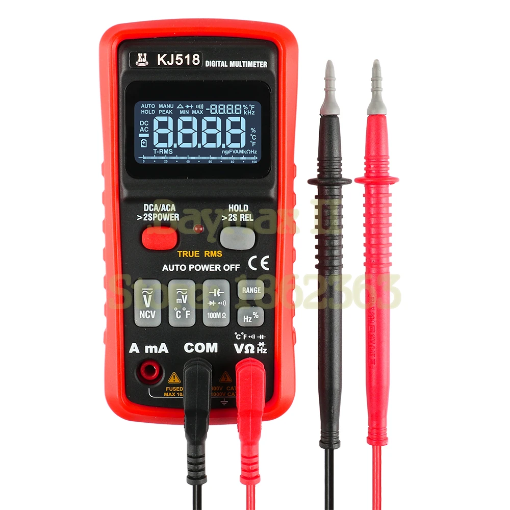 

KJ518 Auto Range T-RMS Digital Multimeter AC/DC Voltage Current Tester with ohm, Capacitance, Temperature, NCV Measurement