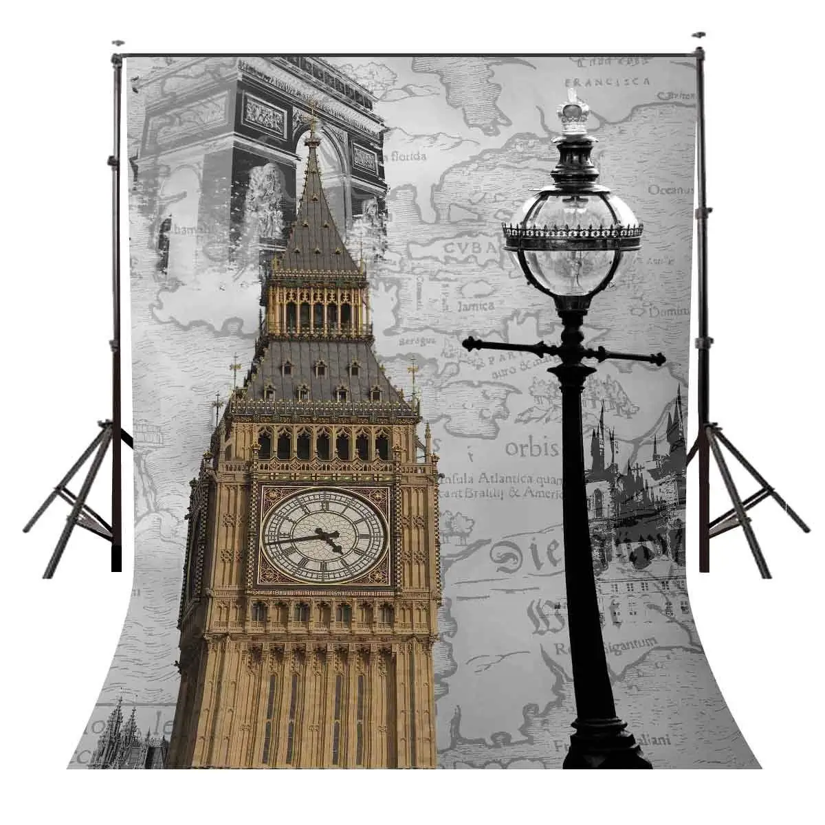 

150x220cm Retro World Map Backdrop Big Ben Elizabeth Tower Photography Background