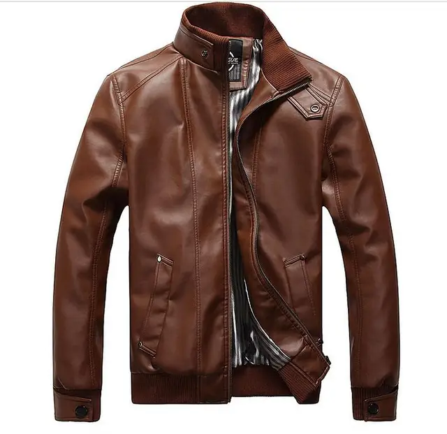 Plus Size Leather Jacket Men 5XL Stand Collar Solid PU Leather Men