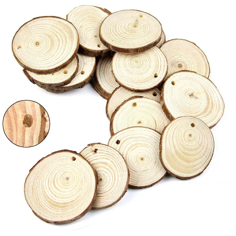 30 шт. натурального дерева ломтики ремесло древесины комплект незавершенной Predrilled с отверстием деревянные круги для искусств