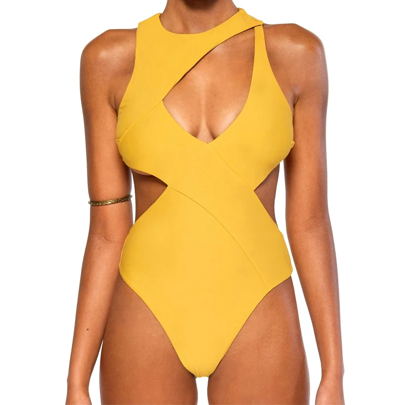 High Cut Out Sexy Swimwear Women One Piece Yellow Swimsuit Push Up 2019