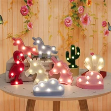 Luces de noche de dibujos animados unicornio/flamenco/Cactus/piña/nube/estrella/concha/lámpara de mesa LED de corazón para decoración de dormitorio infantil(China)